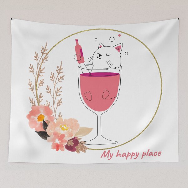 Item preview, My Happy Place - Wine and Cat, cute design with flowers for cat people and wine fans designed and sold by siempredesign.