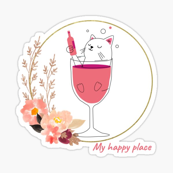 Artikel-Vorschau von My Happy Place - Wine and Cat, süßes Design mit Blumen für Katzenmenschen und Weinfans, designt und verkauft von siempredesign.