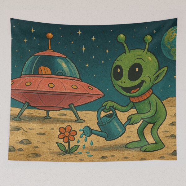 Item preview, funny alien watering flowers designed and sold by Mauswohn.