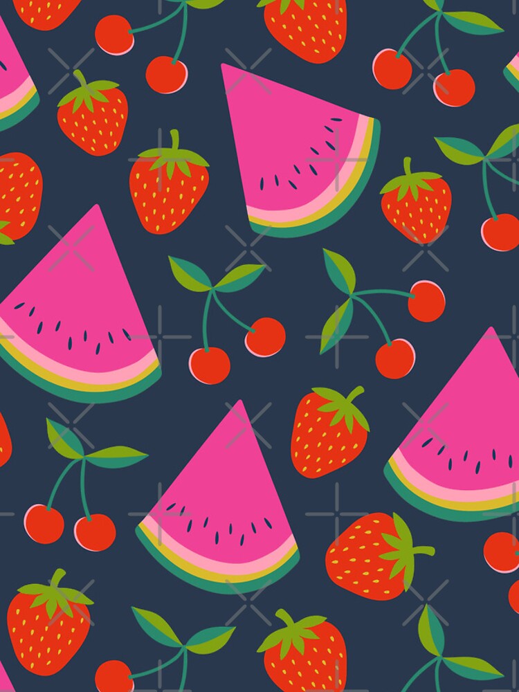 Thumbnail 4 of 4, iPhone Case, Watermelon, cherries and strawberries - hot pink and red on navy, by Cecca Designs designed and sold by Cecca-Designs.