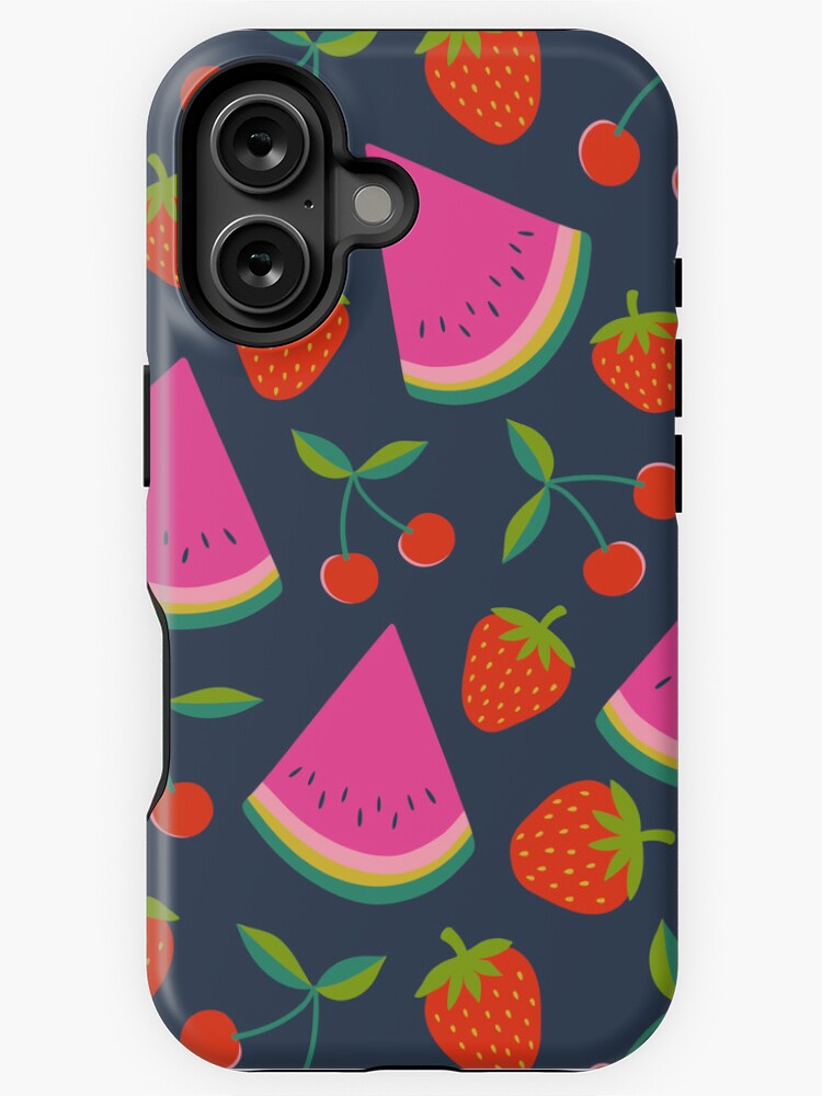 Thumbnail 1 of 4, iPhone Case, Watermelon, cherries and strawberries - hot pink and red on navy, by Cecca Designs designed and sold by Cecca-Designs.