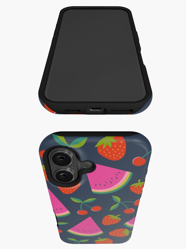 Thumbnail 3 of 4, iPhone Case, Watermelon, cherries and strawberries - hot pink and red on navy, by Cecca Designs designed and sold by Cecca-Designs.