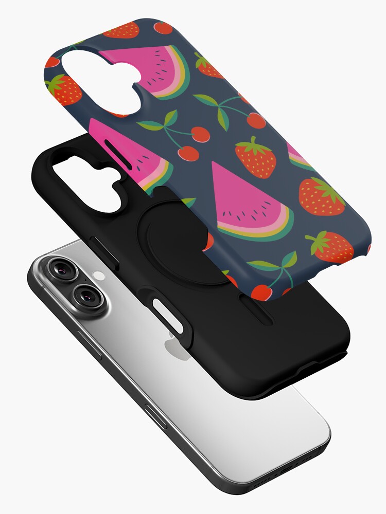 Thumbnail 2 of 4, iPhone Case, Watermelon, cherries and strawberries - hot pink and red on navy, by Cecca Designs designed and sold by Cecca-Designs.