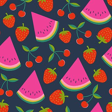 Artwork thumbnail, Watermelon, cherries and strawberries - hot pink and red on navy, by Cecca Designs by Cecca-Designs