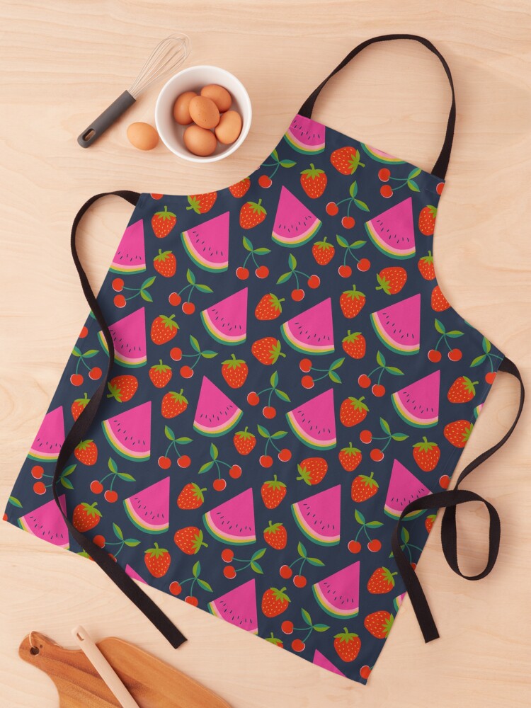 Thumbnail 1 of 6, Apron, Watermelon, cherries and strawberries - hot pink and red on navy, by Cecca Designs designed and sold by Cecca-Designs.