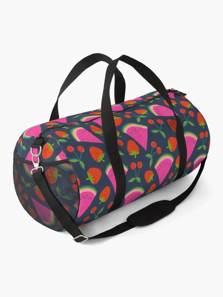 Thumbnail 2 of 3, Duffle Bag, Watermelon, cherries and strawberries - hot pink and red on navy, by Cecca Designs designed and sold by Cecca-Designs.