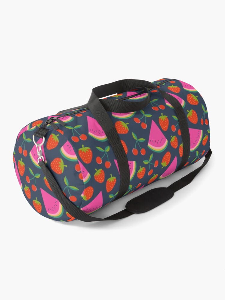 Thumbnail 1 of 3, Duffle Bag, Watermelon, cherries and strawberries - hot pink and red on navy, by Cecca Designs designed and sold by Cecca-Designs.