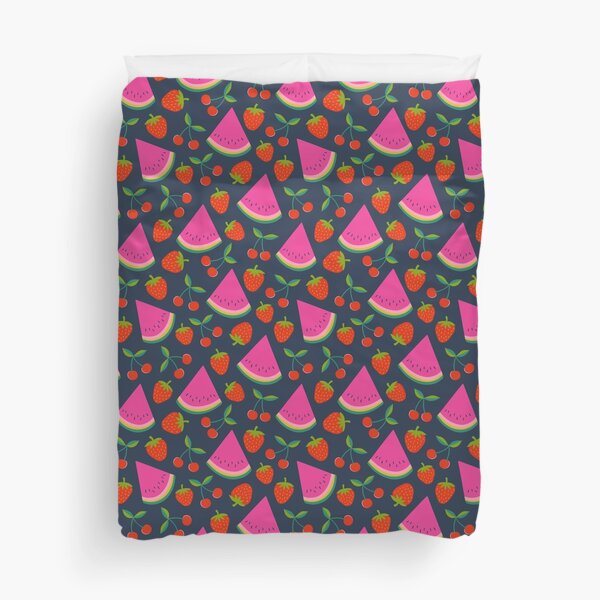 Watermelon, cherries and strawberries - hot pink and red on navy, by Cecca Designs Duvet Cover