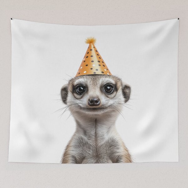 Aperçu de l'œuvre Suricate drôle portant un chapeau de fête d'anniversaire créée et vendue par LazyOwlStore.