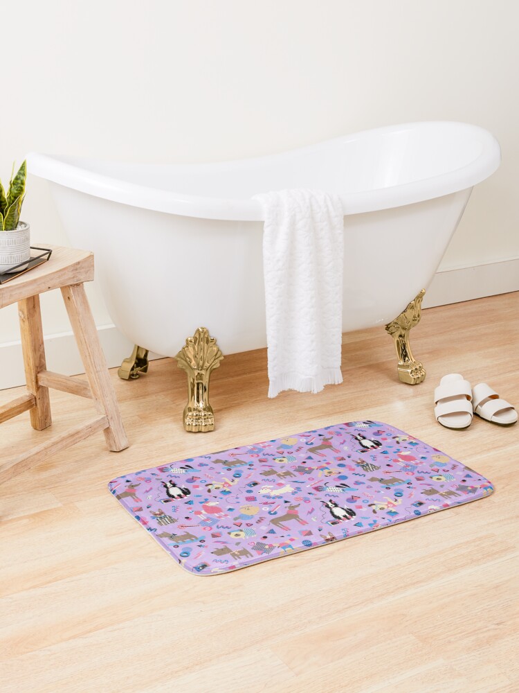 Thumbnail 2 of 6, Bath Mat, 80s Memphis Style dogs on lilac - cute pattern by Cecca Designs designed and sold by Cecca-Designs.