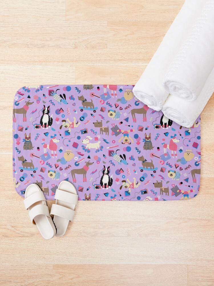 Thumbnail 1 of 6, Bath Mat, 80s Memphis Style dogs on lilac - cute pattern by Cecca Designs designed and sold by Cecca-Designs.
