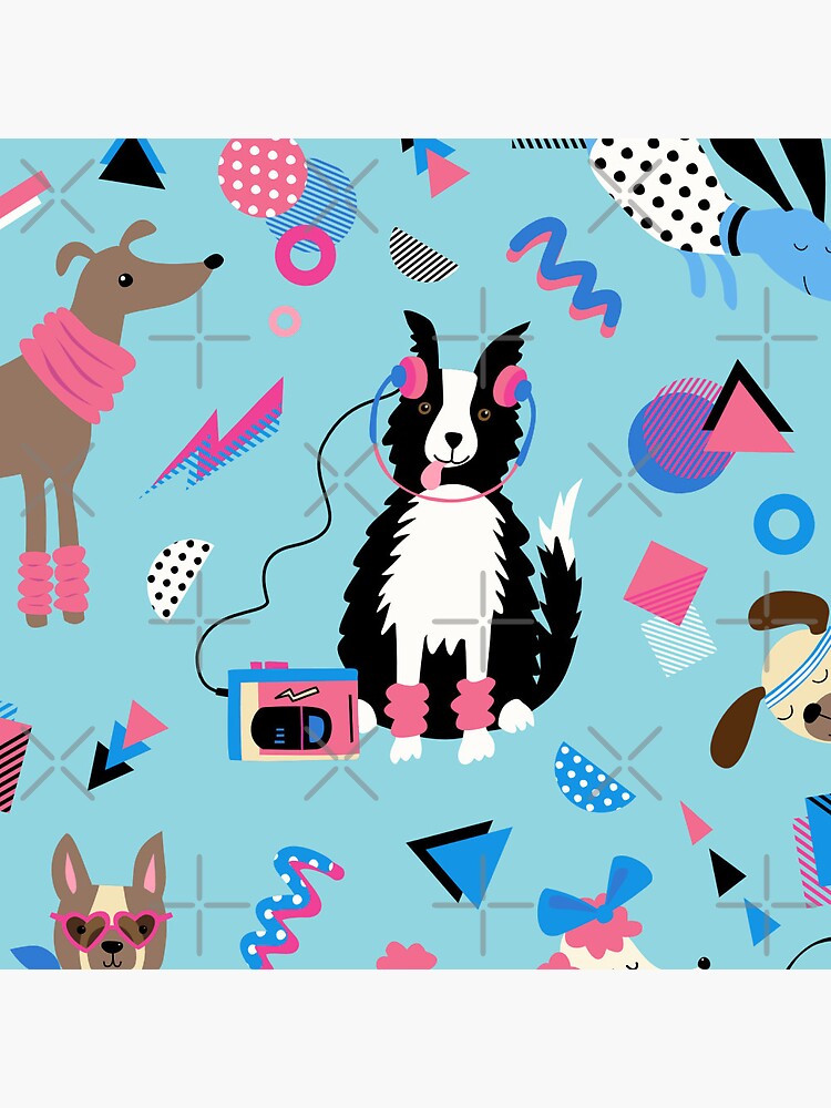 Thumbnail 3 of 3, Pin, 80s Memphis Style dogs on sky blue - cute pattern by Cecca Designs designed and sold by Cecca-Designs.