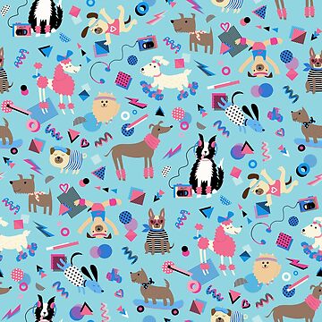 Artwork thumbnail, 80s Memphis Style dogs on sky blue - cute pattern by Cecca Designs by Cecca-Designs