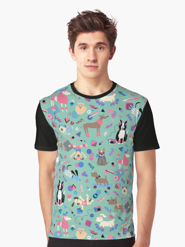 Thumbnail 1 of 5, Graphic T-Shirt, 80s Memphis Style dogs on mint green - cute pattern by Cecca Designs designed and sold by Cecca-Designs.