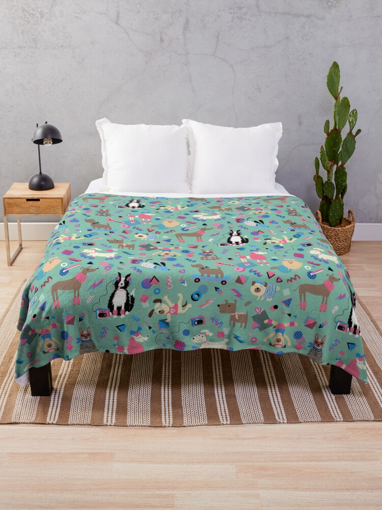 Thumbnail 1 of 6, Throw Blanket, 80s Memphis Style dogs on mint green - cute pattern by Cecca Designs designed and sold by Cecca-Designs.