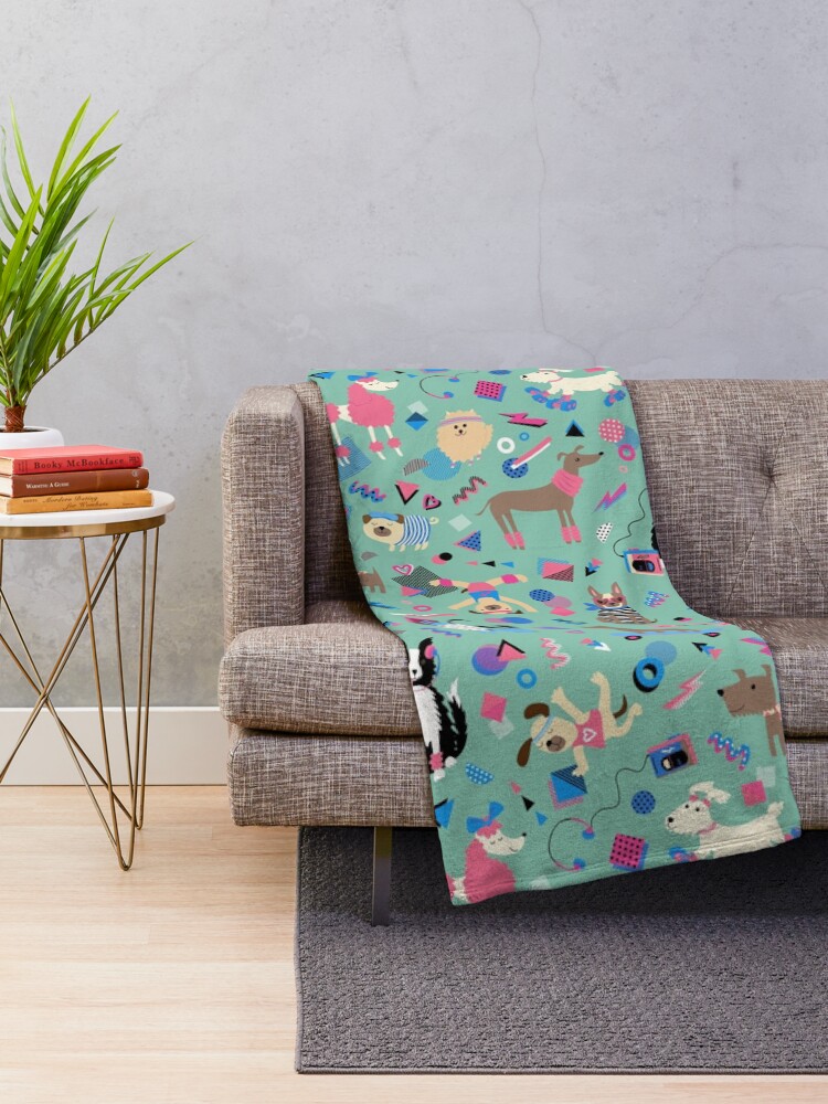 Thumbnail 2 of 6, Throw Blanket, 80s Memphis Style dogs on mint green - cute pattern by Cecca Designs designed and sold by Cecca-Designs.