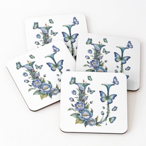 Item preview, letter "U" with blue flowers and butterflies, designed and sold by jkrphoto.
