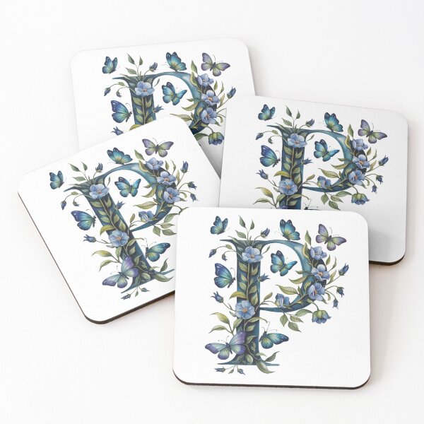 Item preview, letter "P" with blue flowers and butterflies, designed and sold by jkrphoto.