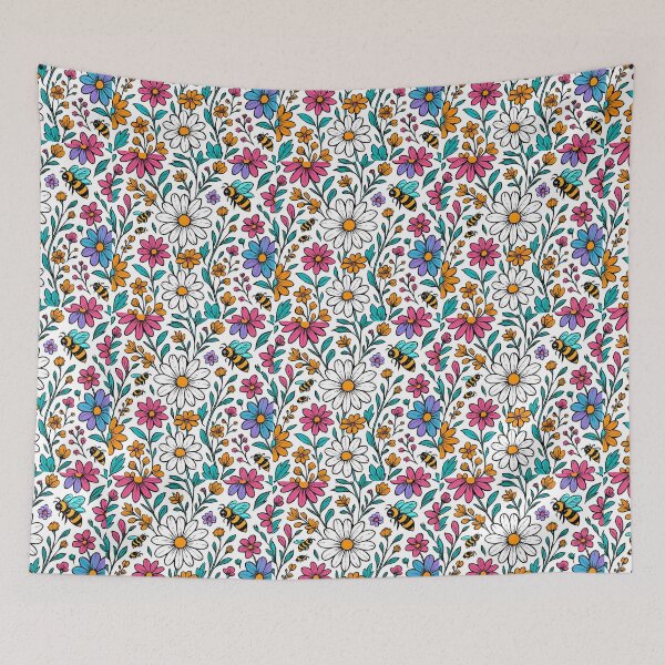 Artikelvorschau, Lebendiges Blumenmuster mit Bienen – farbenfrohes, von der Natur inspiriertes Design entworfen und verkauft von FTSstyles.