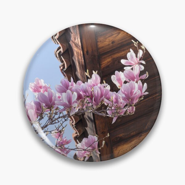 Item preview, Vivid Pink Magnolia Branch Under Rustic Wooden Eaves designed and sold by Georgia Mizuleva.