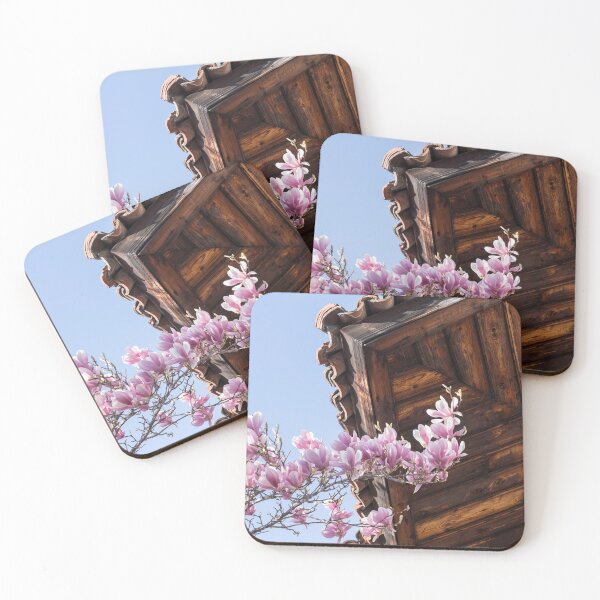 Item preview, Vivid Pink Magnolia Branch Under Rustic Wooden Eaves designed and sold by Georgia Mizuleva.