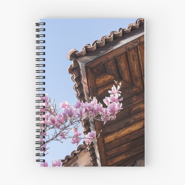Item preview, Vivid Pink Magnolia Branch Under Rustic Wooden Eaves designed and sold by Georgia Mizuleva.