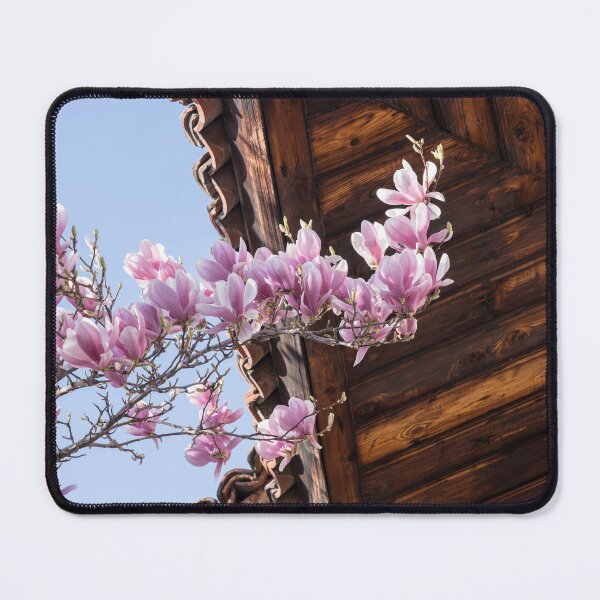 Item preview, Vivid Pink Magnolia Branch Under Rustic Wooden Eaves designed and sold by Georgia Mizuleva.