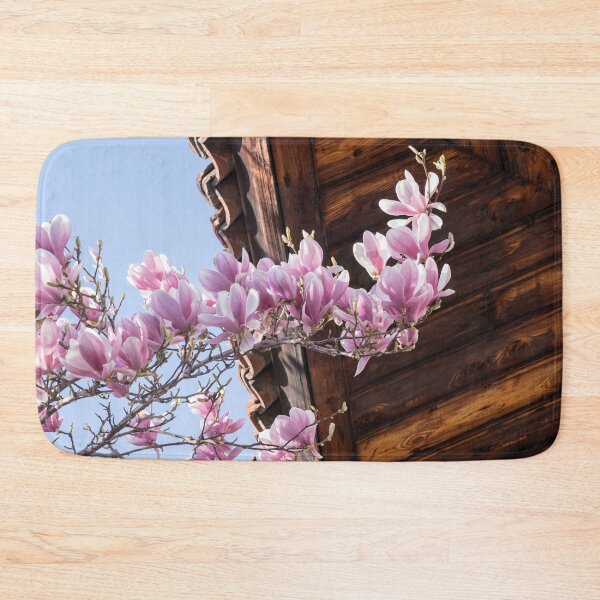 Item preview, Vivid Pink Magnolia Branch Under Rustic Wooden Eaves designed and sold by Georgia Mizuleva.