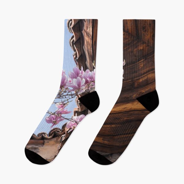 Item preview, Vivid Pink Magnolia Branch Under Rustic Wooden Eaves designed and sold by Georgia Mizuleva.