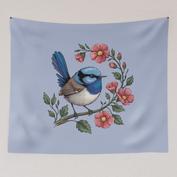 Item preview, Fairywren with Pink Blossoms designed and sold by BirdsnStuff.