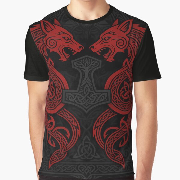 Item preview, Fenrir Wolves and Mjölnir Norse Knotwork Design designed and sold by Odd World.