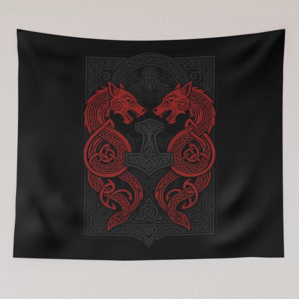 Item preview, Fenrir Wolves and Mjölnir Norse Knotwork Design designed and sold by Odd World.