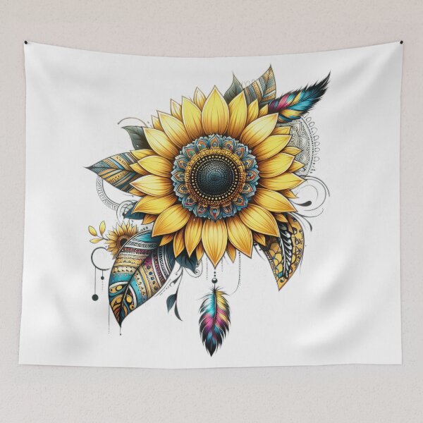 Item preview, boho colored sunflower with feathers floral sticke ,boho style,Bohemian,Bloom Boom,Spring,ethnic designed and sold by Expressions-Sel.