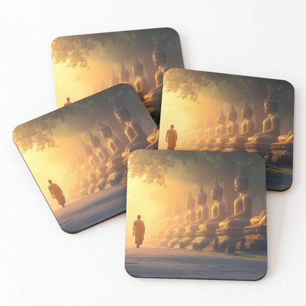 Item preview, Monk walks beside golden Buddha statues at sunrise designed and sold by Artessie.