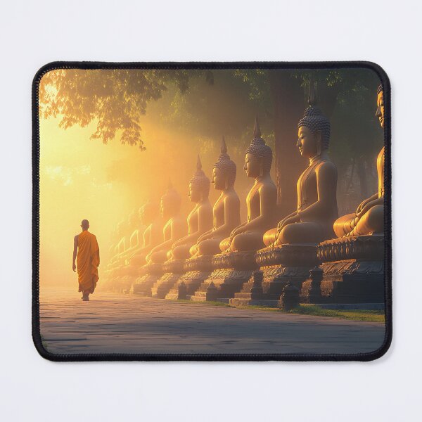 Item preview, Monk walks beside golden Buddha statues at sunrise designed and sold by Artessie.