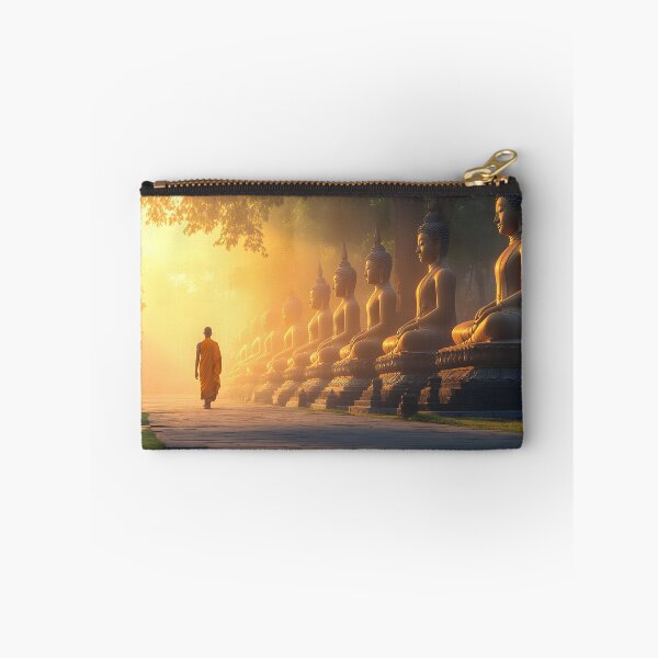 Item preview, Monk walks beside golden Buddha statues at sunrise designed and sold by Artessie.