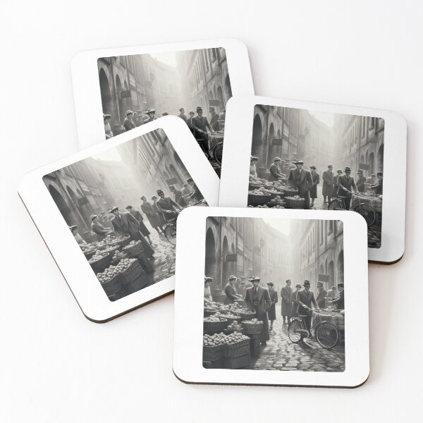 Item preview, 1930s European Market Scene – AI Black and White Artwork for Clothing and Accessories for City Lovers and Travelers designed and sold by knalpot-design.