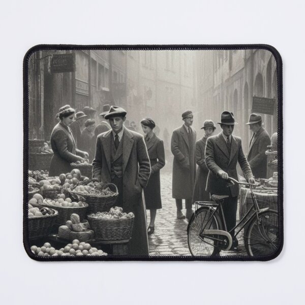 Item preview, 1930s European Market Scene – AI Black and White Artwork for Clothing and Accessories for City Lovers and Travelers designed and sold by knalpot-design.