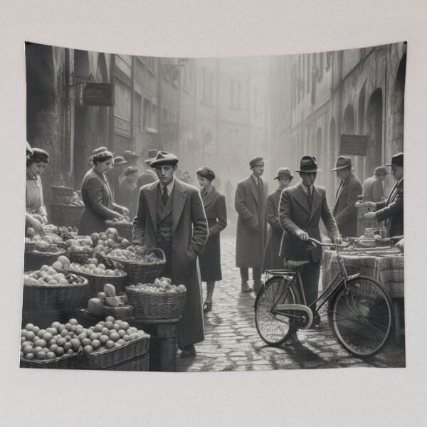 Item preview, 1930s European Market Scene – AI Black and White Artwork for Clothing and Accessories for City Lovers and Travelers designed and sold by knalpot-design.