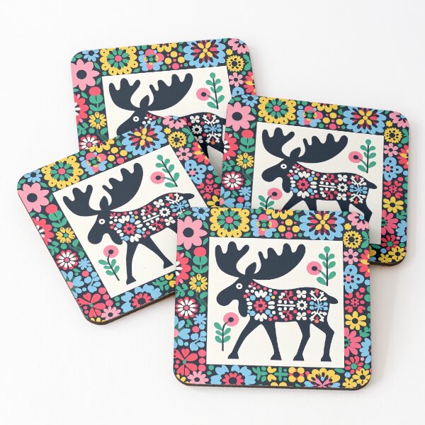 Item preview, Scandinavian Folk Art Cute Black Patterned Moose with Black Antlers by heidiannemorris © designed and sold by FOLK ART FUSION by heidiannemorris.