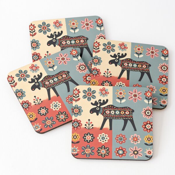 Item preview, Scandinavian Folk Art Cute Black Patterned Moose with Antlers by heidiannemorris © designed and sold by FOLK ART FUSION by heidiannemorris.