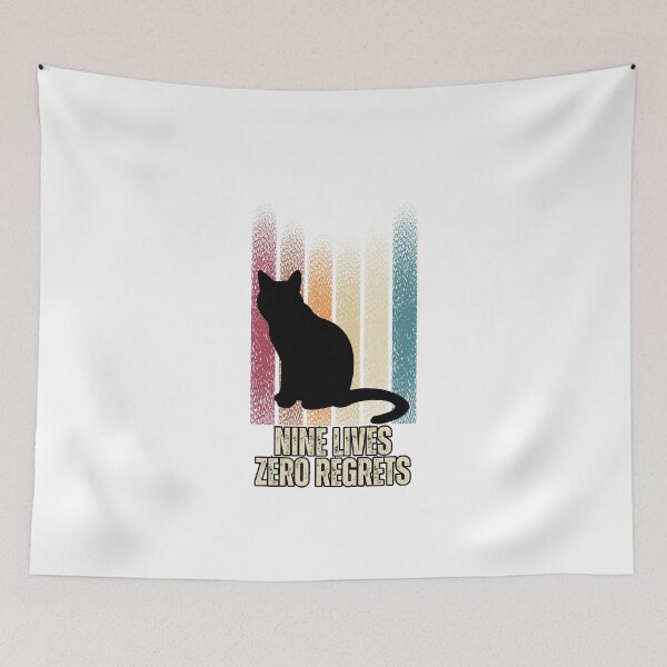 Item preview, "Nine lives, zero regrets" Handwritten Design with Black Cat on Colorful Stripes designed and sold by QuirkieCrafts.