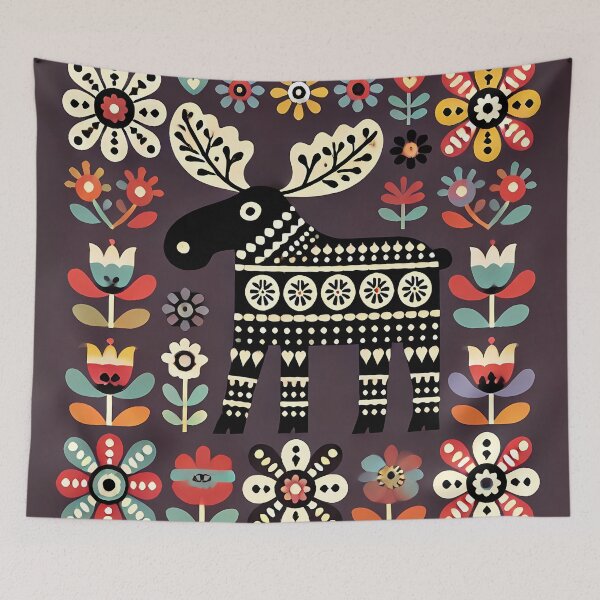 Item preview, Scandinavian Folk Art Cute Black Moose with Cream Patterned Antlers by heidiannemirrors © designed and sold by FOLK ART FUSION by heidiannemorris.