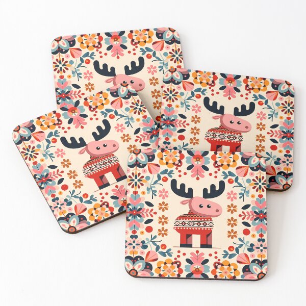Item preview, Scandinavian Folk Art Cute Pink Patterned Moose with Black Antlers by heidiannemirris © designed and sold by FOLK ART FUSION by heidiannemorris.