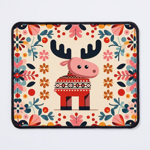 Item preview, Scandinavian Folk Art Cute Pink Patterned Moose with Black Antlers by heidiannemirris © designed and sold by FOLK ART FUSION by heidiannemorris.