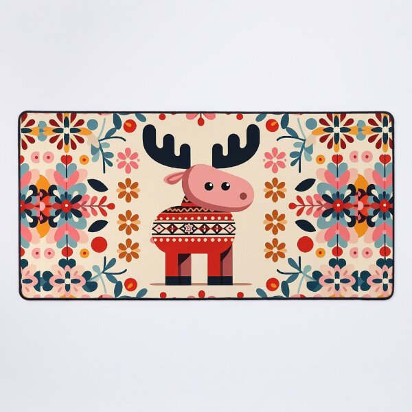 Item preview, Scandinavian Folk Art Cute Pink Patterned Moose with Black Antlers by heidiannemirris © designed and sold by FOLK ART FUSION by heidiannemorris.
