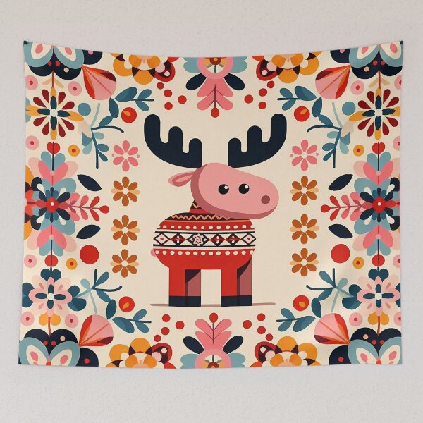 Item preview, Scandinavian Folk Art Cute Pink Patterned Moose with Black Antlers by heidiannemirris © designed and sold by FOLK ART FUSION by heidiannemorris.