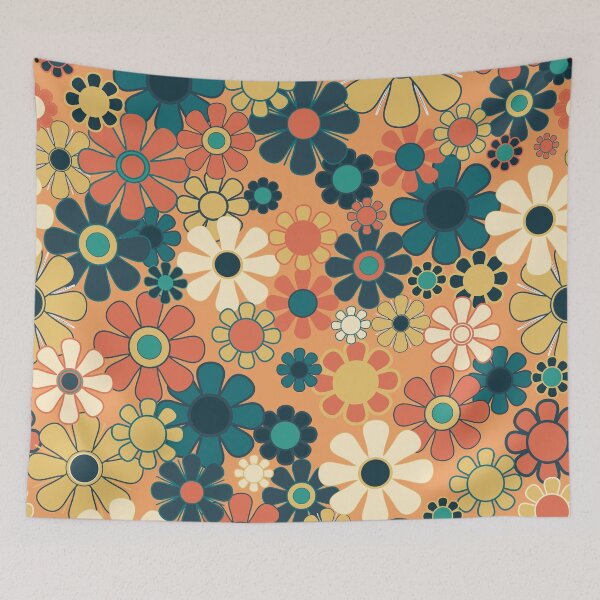 Item preview, Pretty Groovy Retro Garden 60s 70s Aesthetic Floral Pattern in 1970s Orange Teal Blue and Yellow 2 designed and sold by kierkegaard.
