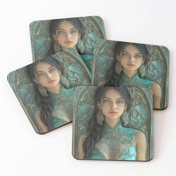 Item preview, Elegant woman in intricate turquoise medieval attire designed and sold by Artessie.