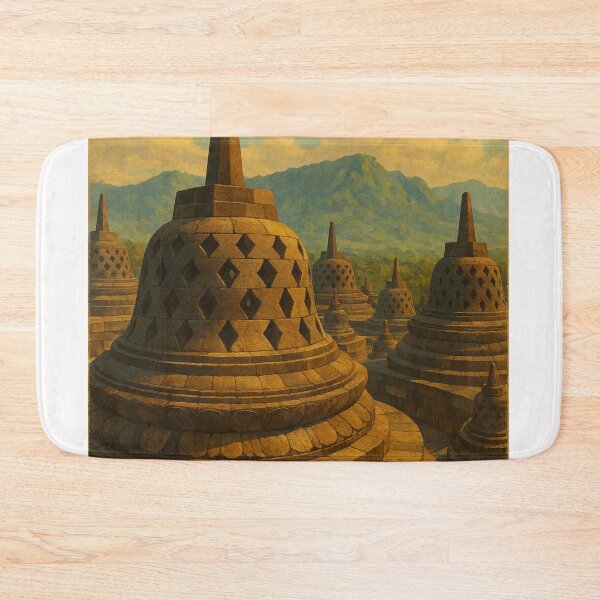 Item preview, Borobudur Temple Indonesia with Bell Stupas and Volcanic Backdrop designed and sold by Places On Earth.